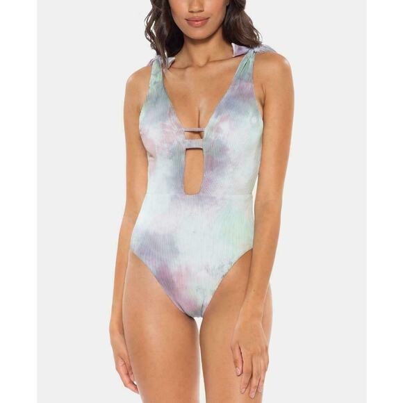 Soluna Tie Dye Ribbed Plunging One Piece Swimsuit Small Multicolor Pastel New - Picture 1 of 7